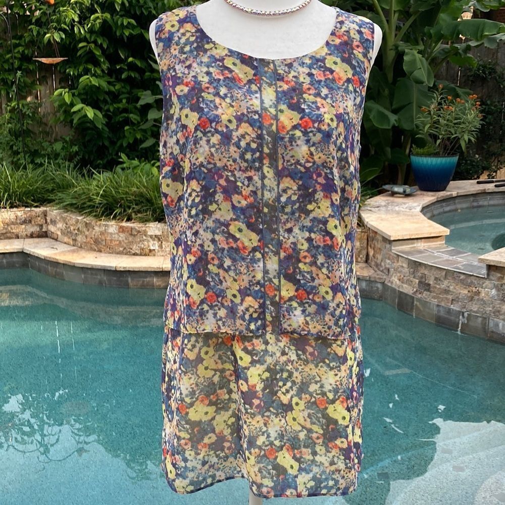 CAbi Floral Blue, Yellow and Peach Free-Flowing Sleeveless Top - Size Small